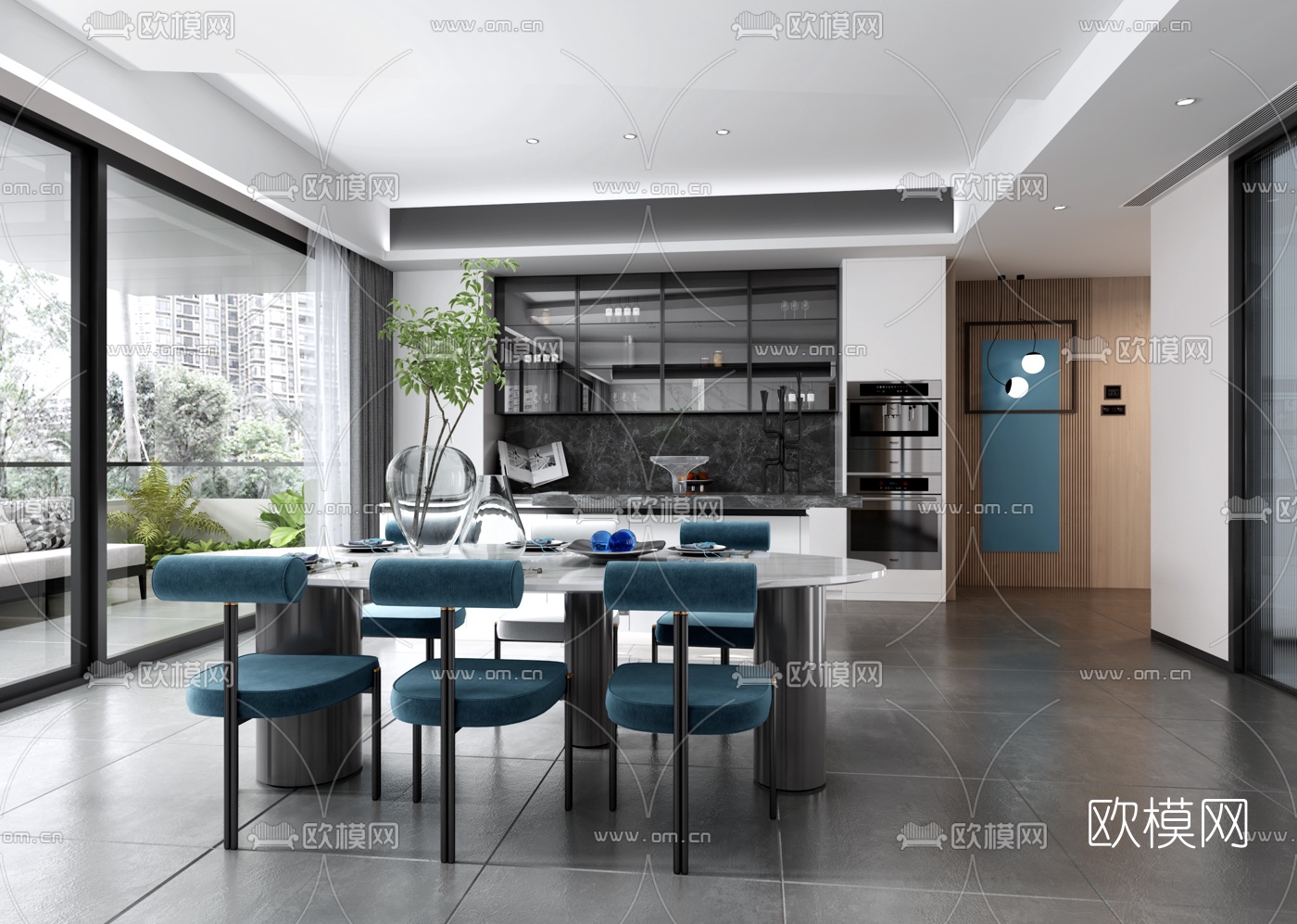九度设计 现代客厅餐厅3d模型
