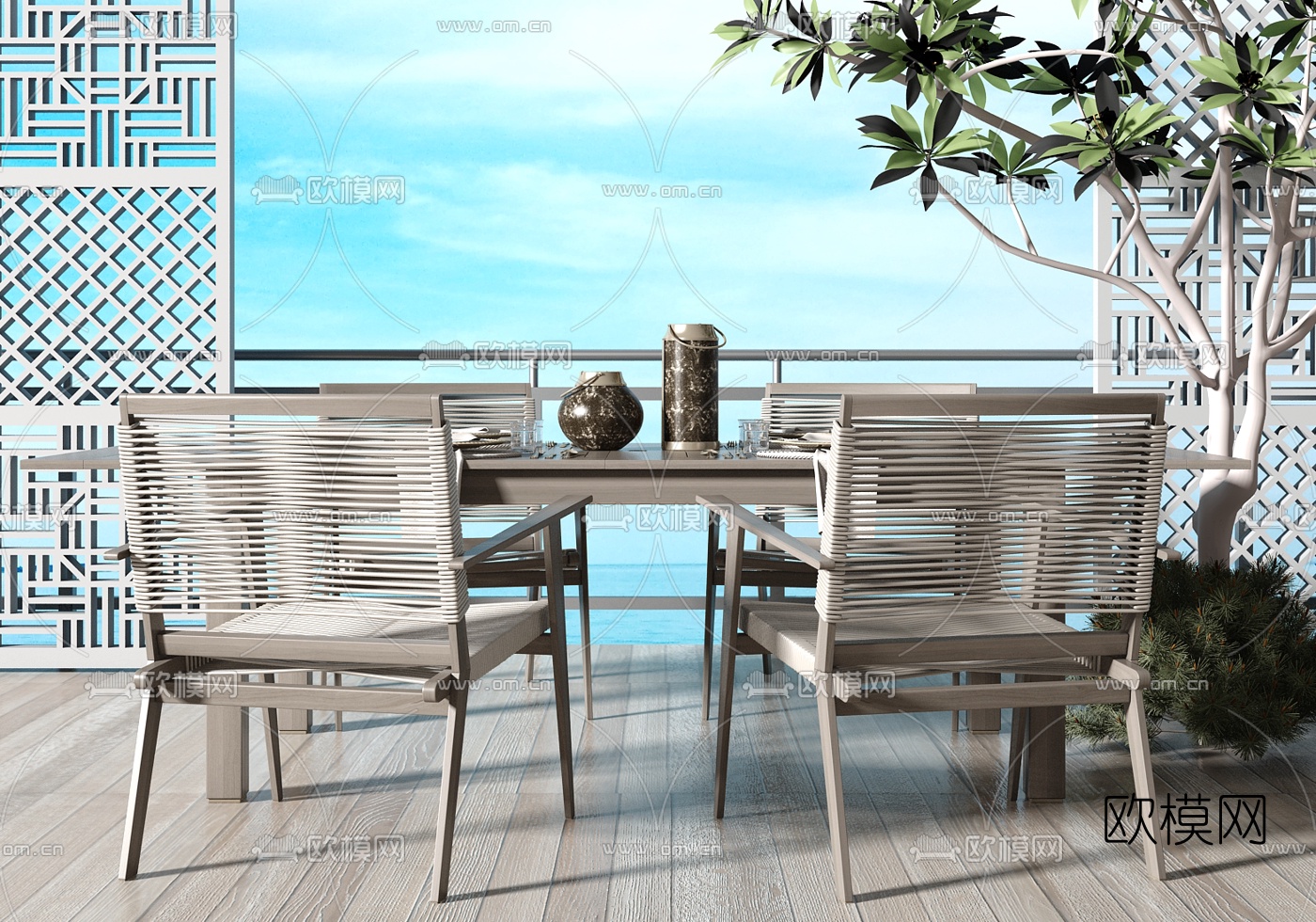 现代绳编户外休闲桌椅3d模型