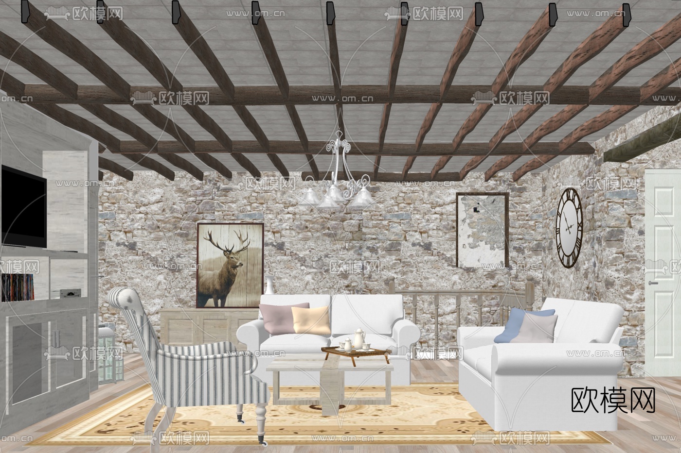 欧式布艺组合沙发su模型下载