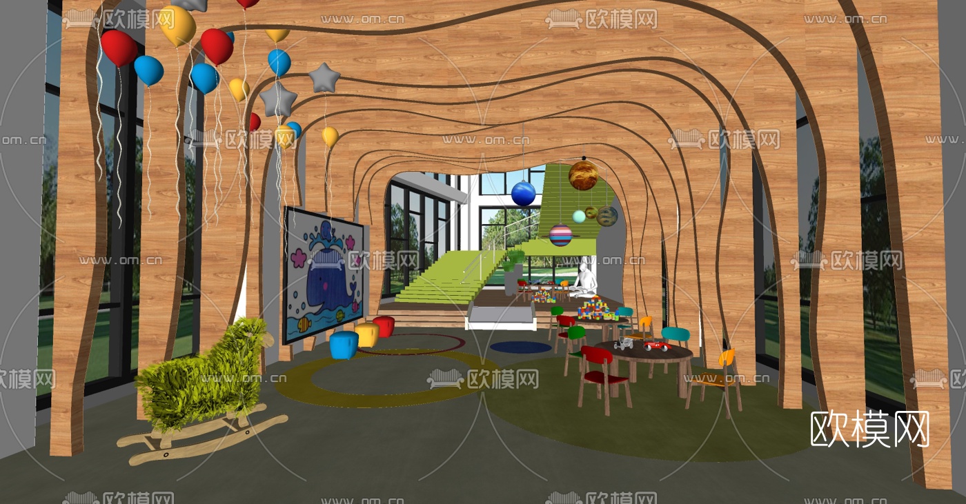 北欧幼儿园过道走廊su模型下载