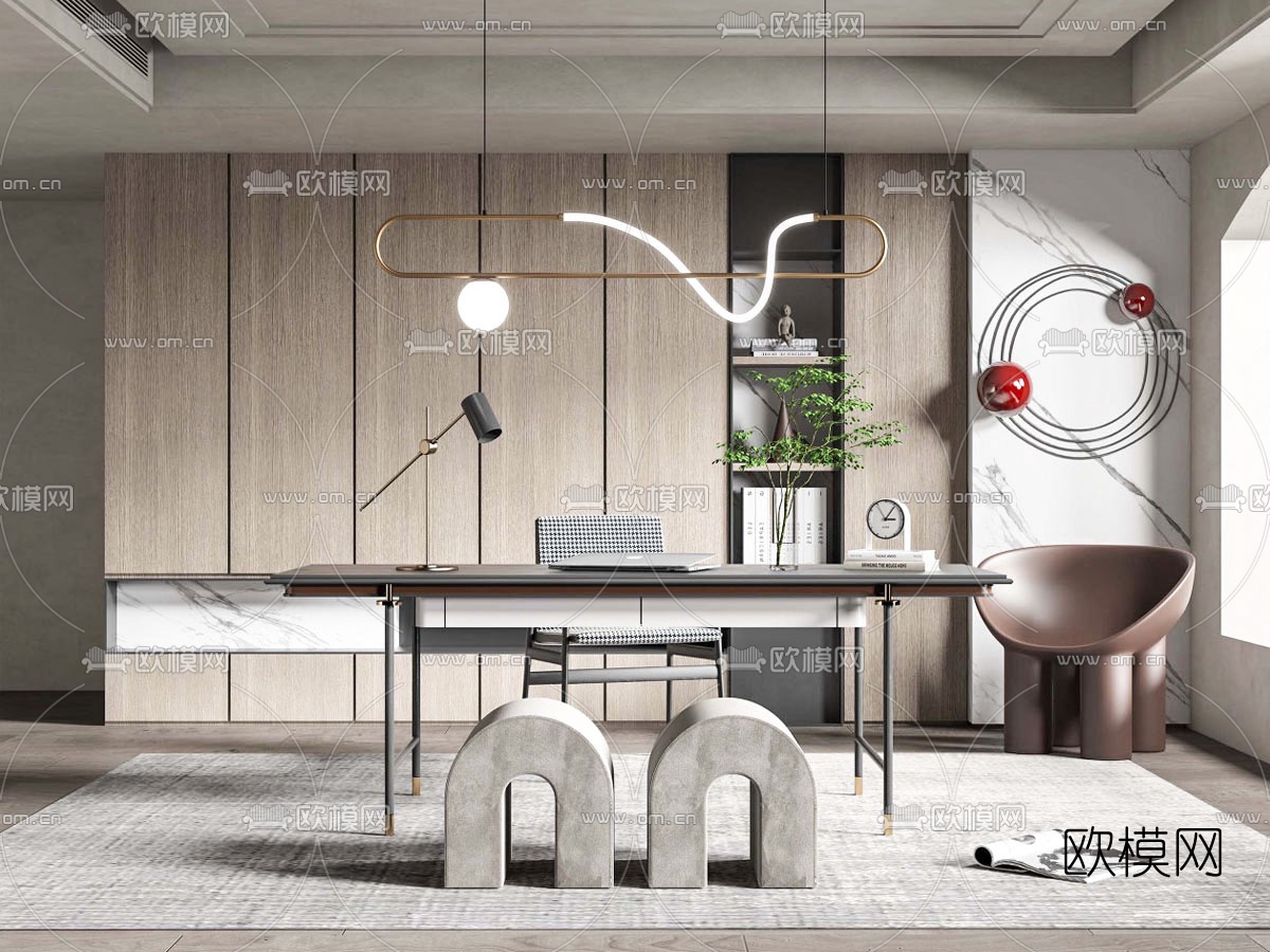 现代书房su模型下载（渲染图1）