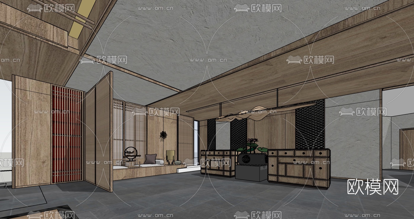 新中式度假酒店大厅su模型下载（渲染图3）