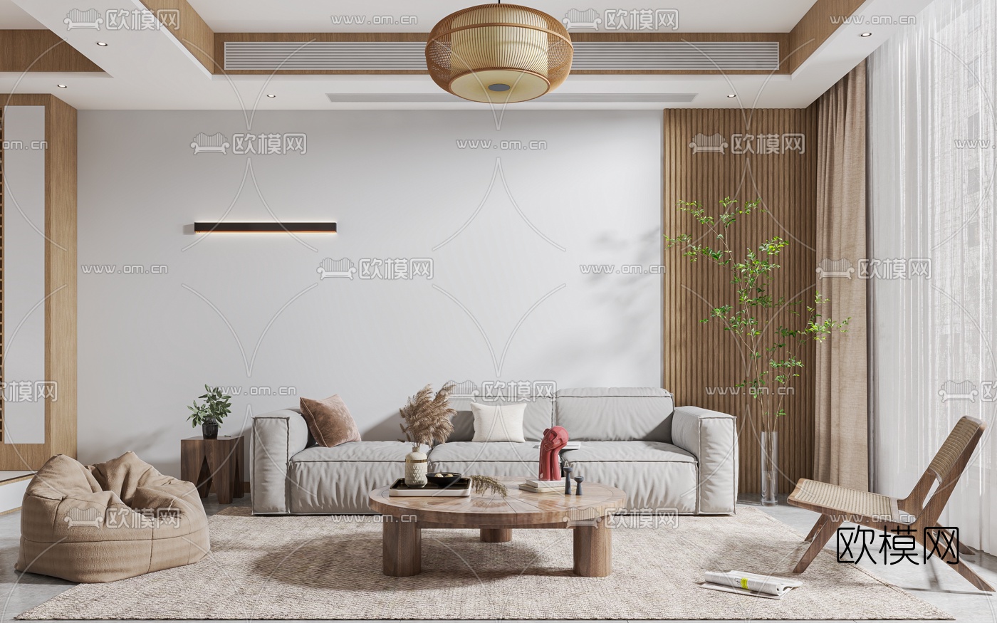 日式客厅餐厅3d模型下载（渲染图1）