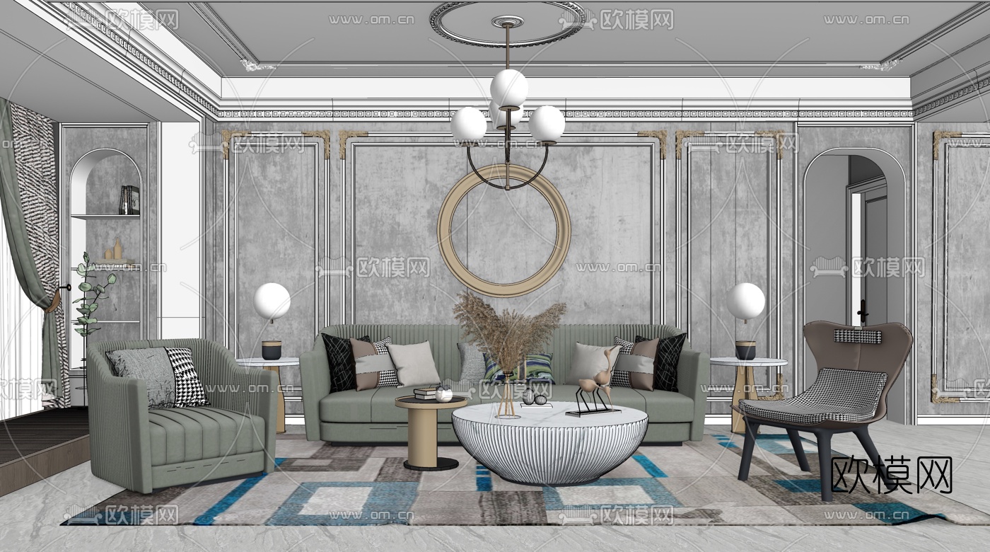 现代轻奢沙发组合su模型下载（渲染图2）