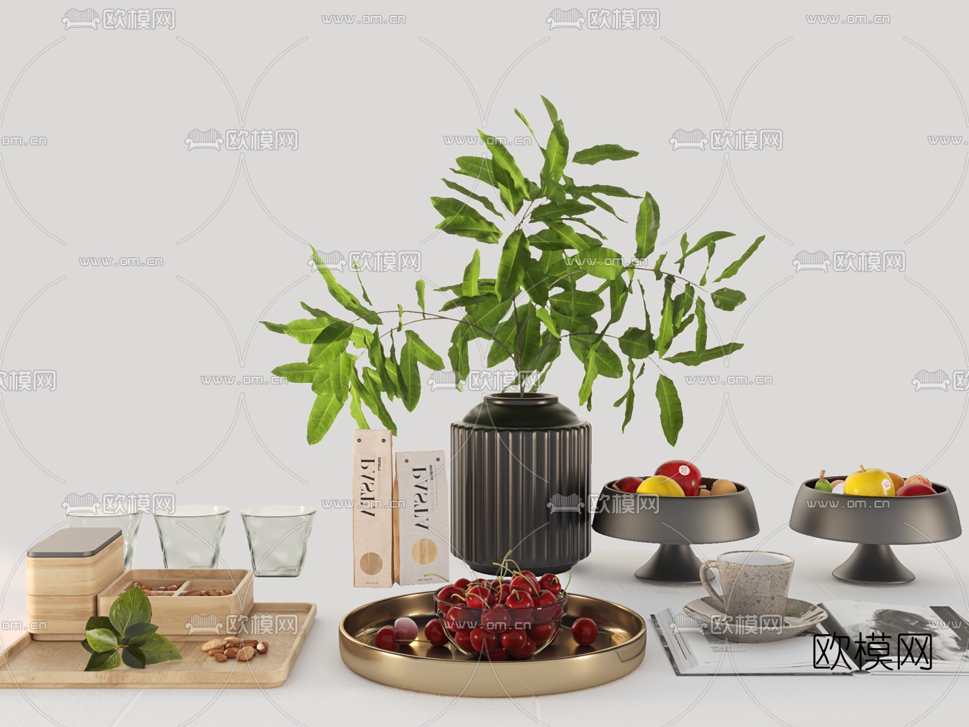 现代绿植花瓶果盘摆件3d模型