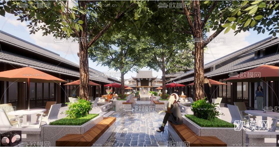 中式风情商业街su模型下载（渲染图3）