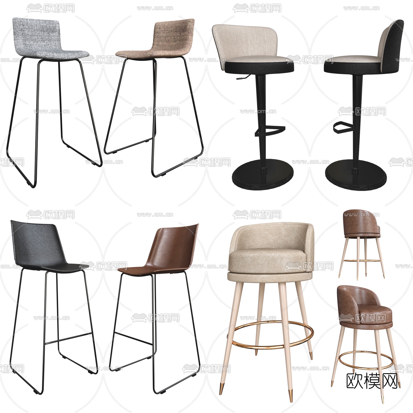 现代皮革绒布吧台椅3d模型下载