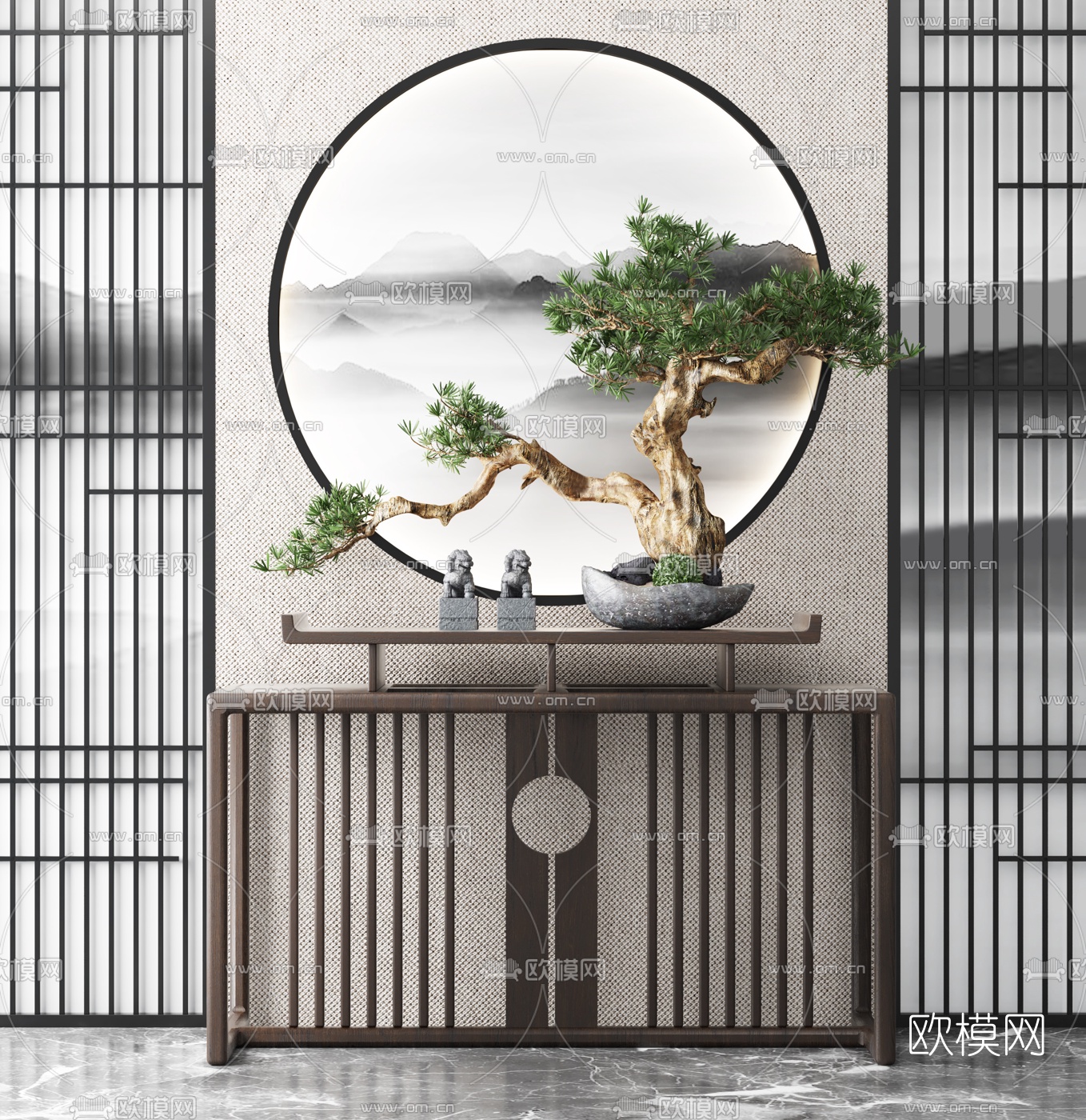 新中式实木端景条案3d模型下载（渲染图1）