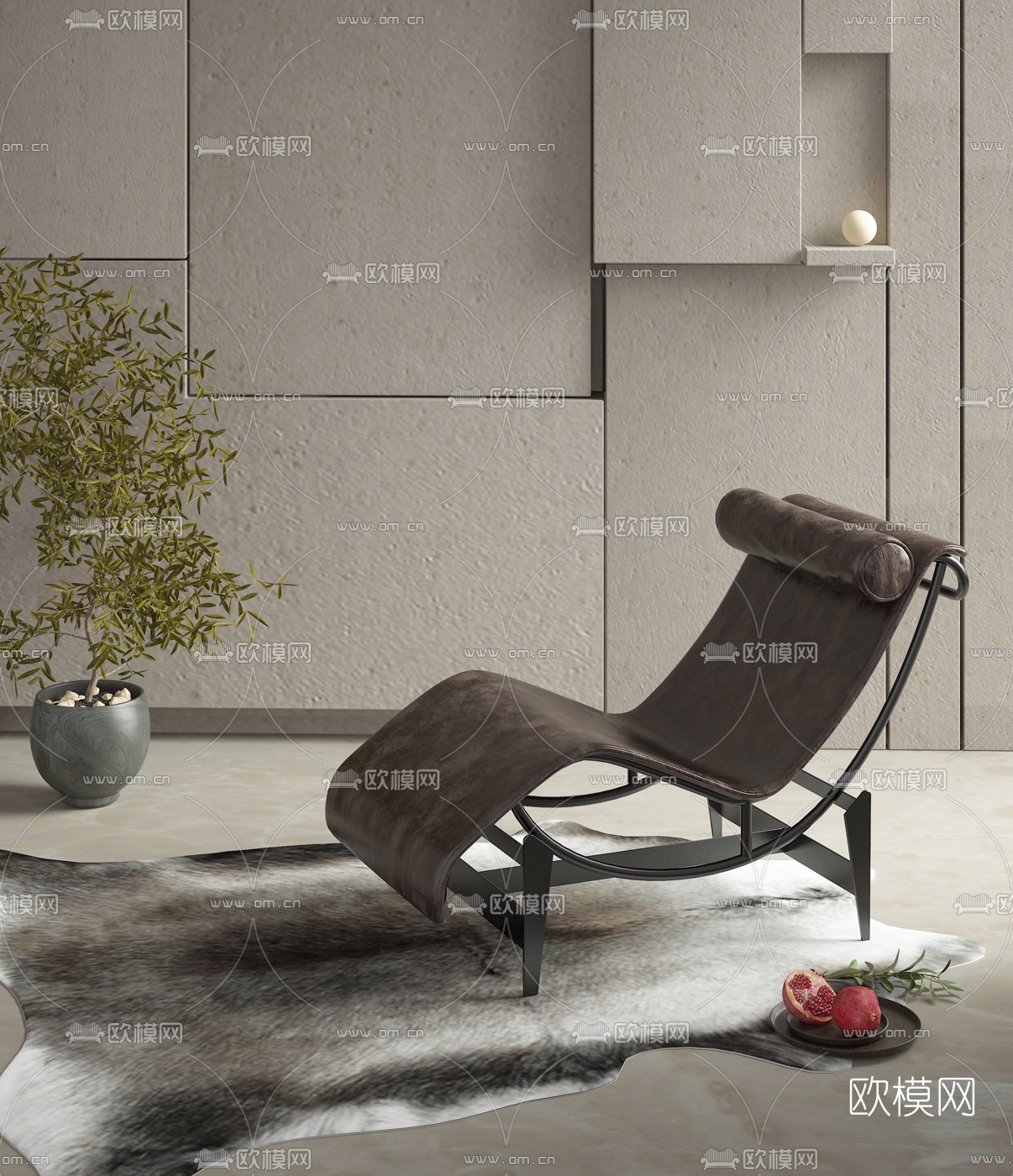 现代皮革躺椅3d模型下载（渲染图1）