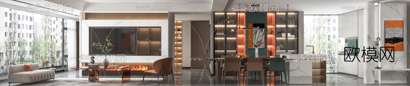 现代轻奢客厅餐厅3d模型