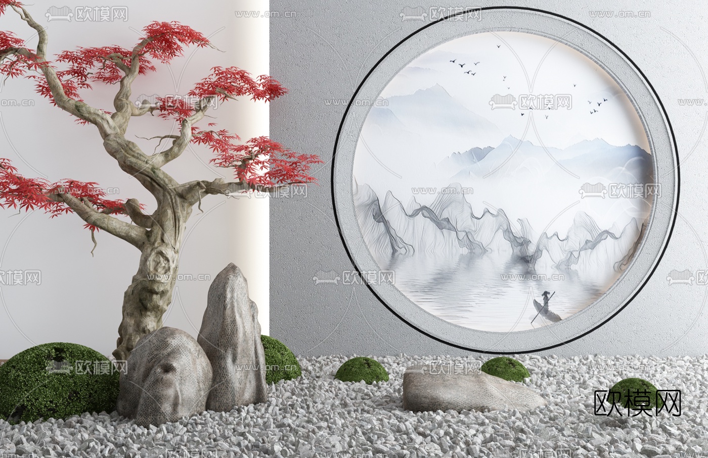 新中式红枫树石块景观小品3d模型下载