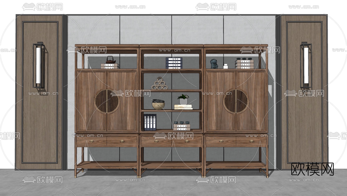 新中式实木书柜su模型下载
