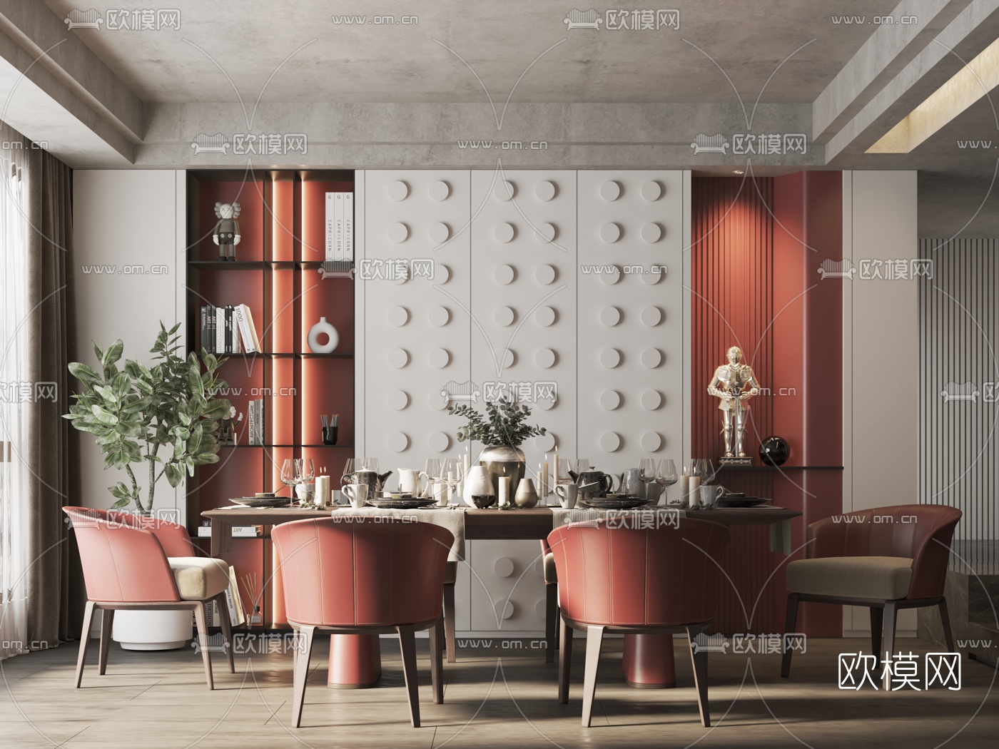 现代实木条形餐桌椅3d模型下载（渲染图1）