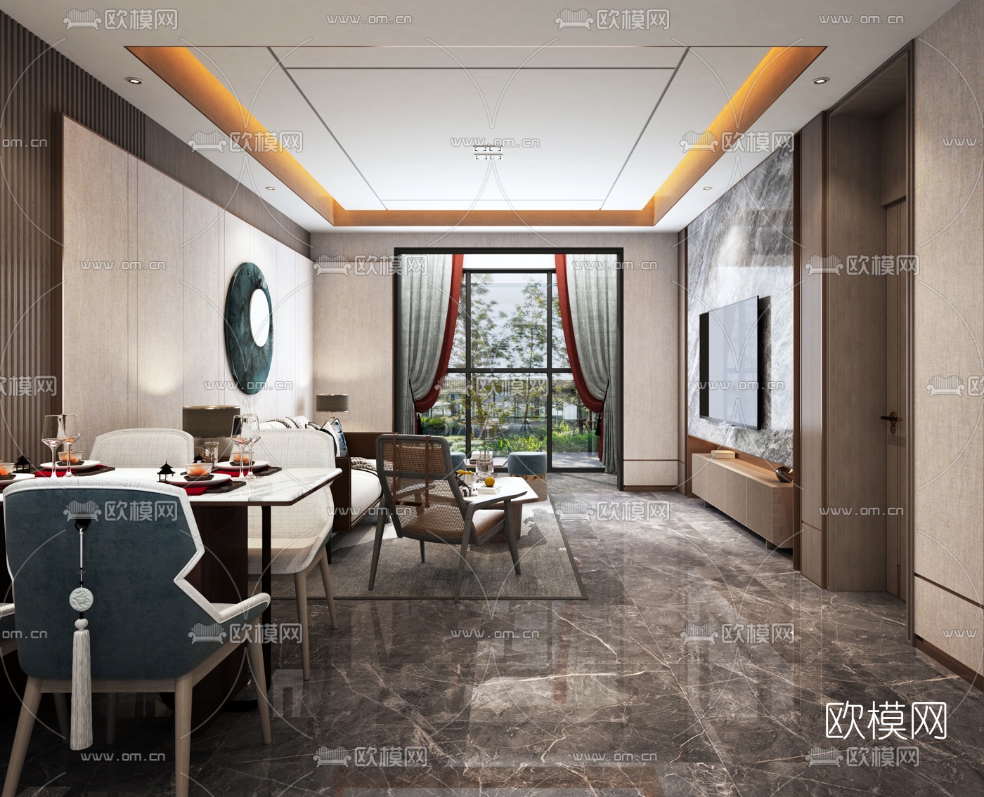 现代客厅餐厅免费3d模型下载（渲染图5）