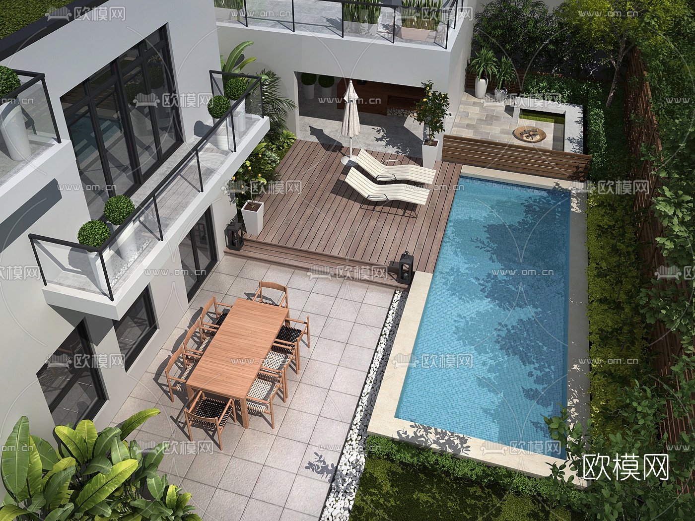 现代泳池庭院花园3d模型下载（渲染图2）