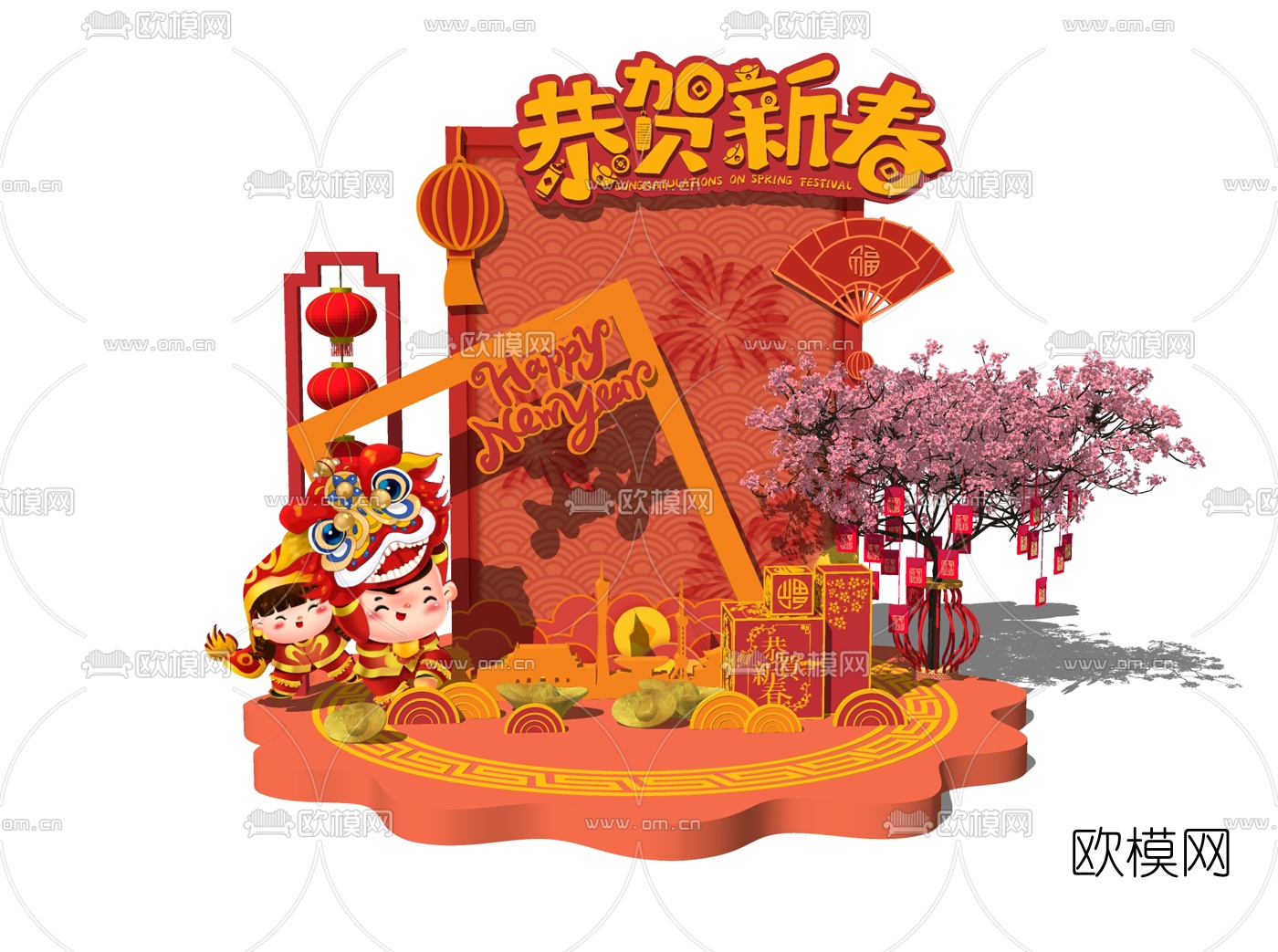 新中式牛年春节新年美陈su模型下载