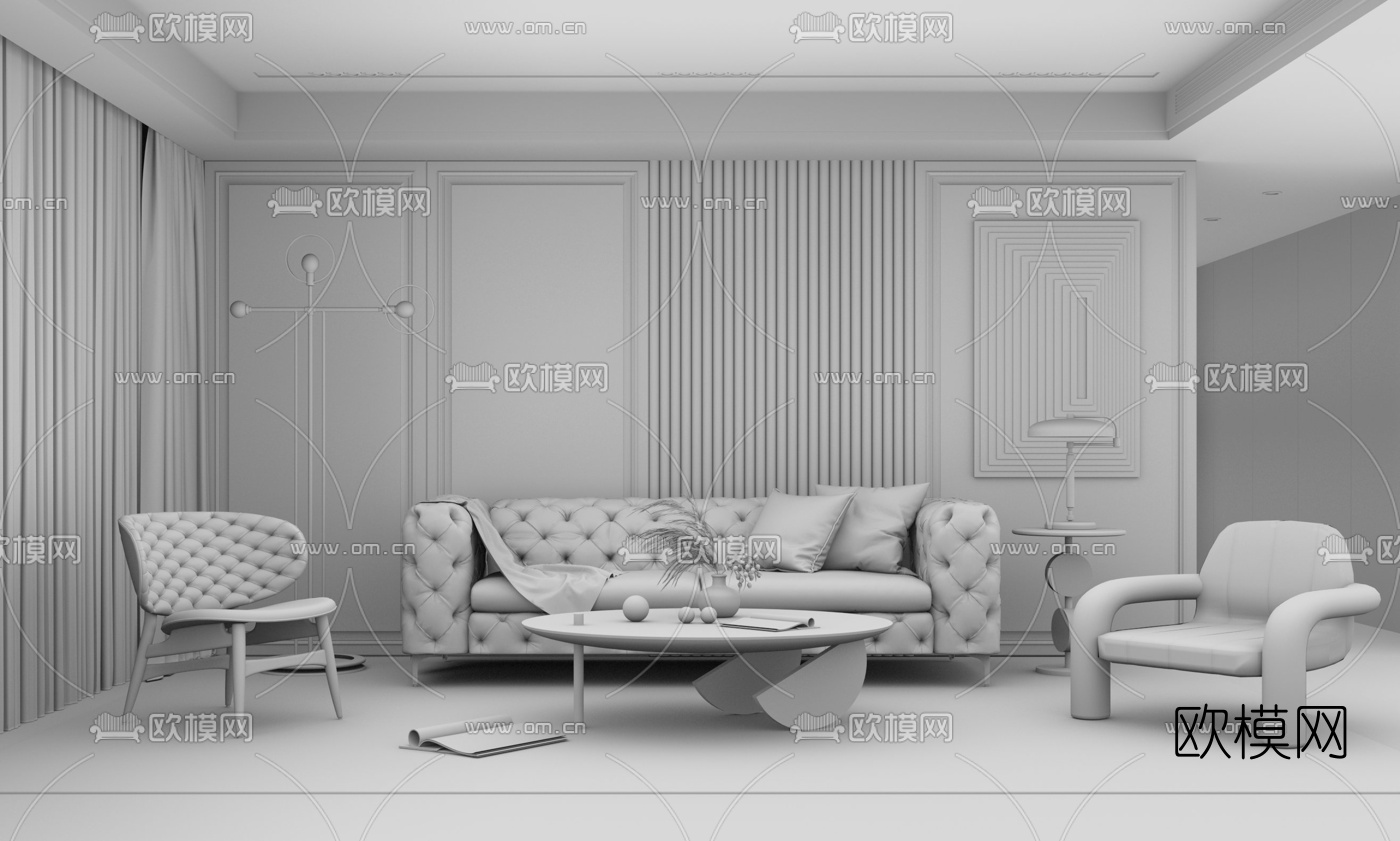 简欧皮革沙发组合su模型下载（渲染图3）