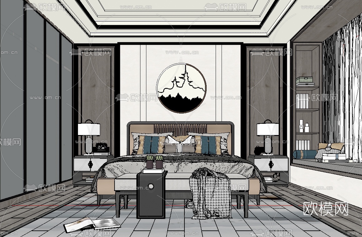 新中式卧室主人房su模型下载（渲染图2）