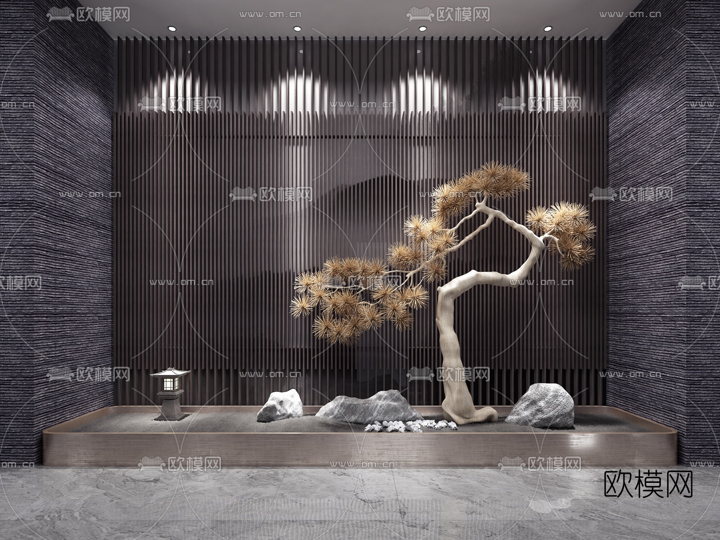 新中式松树石头景观小品3d模型