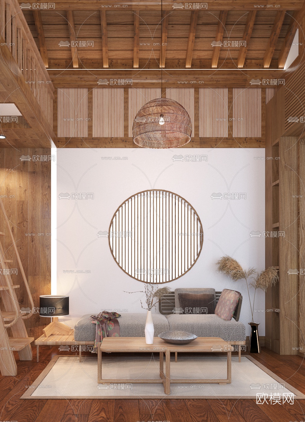 现代民宿起居室书房3d模型