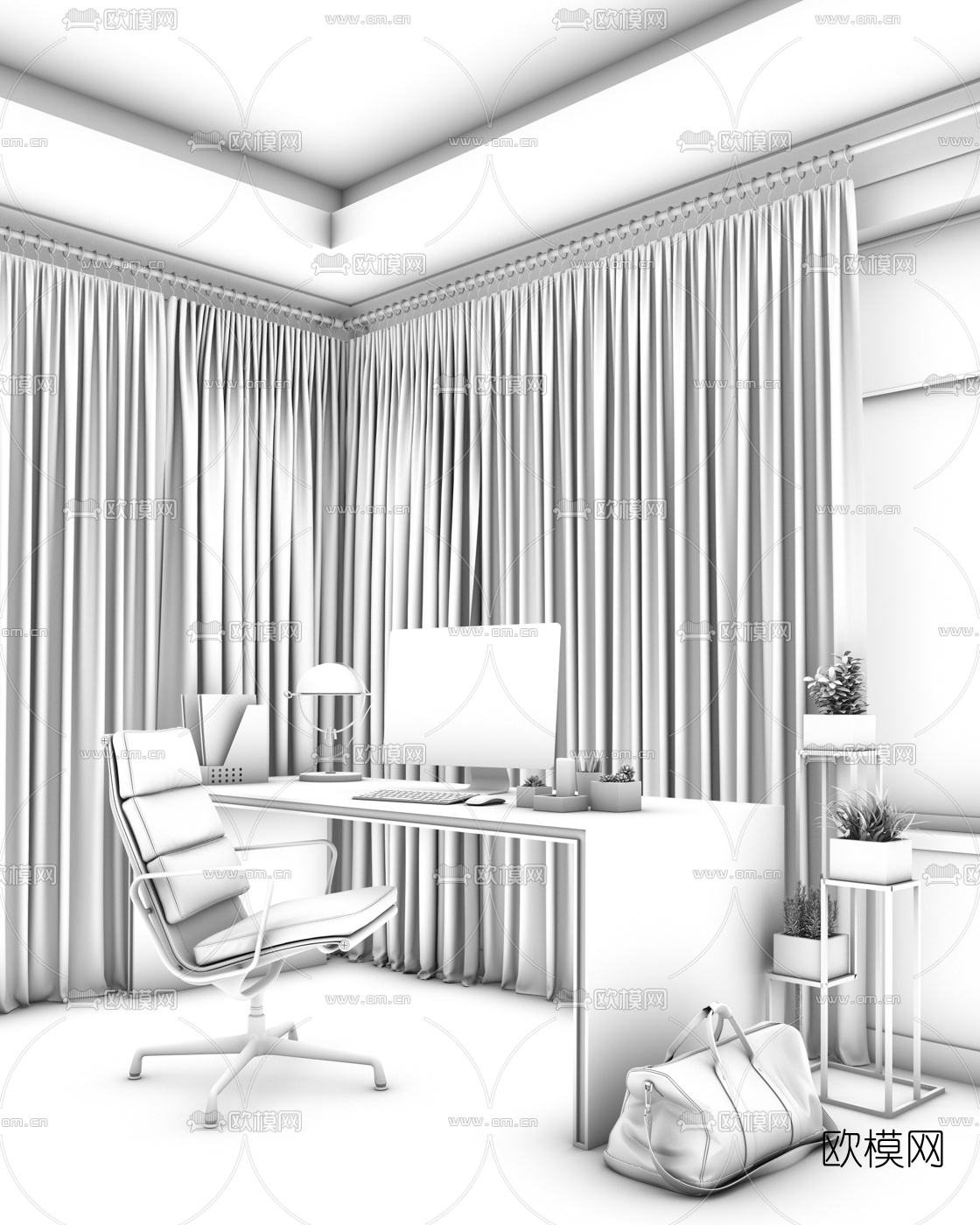 VizLine Studio设计 现代实木办公班台3d模型下载（渲染图2）