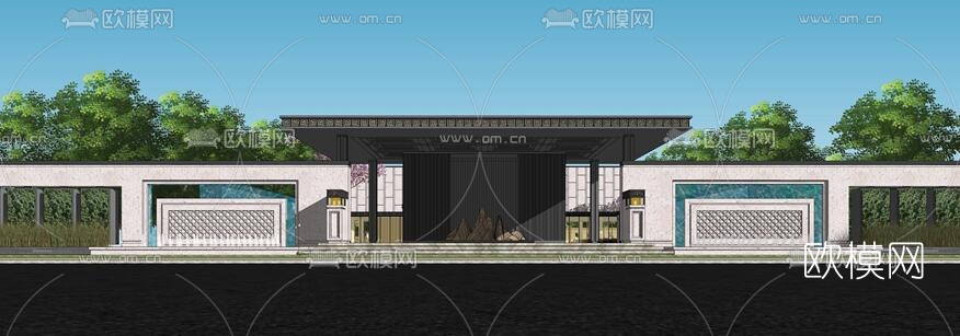 新中式售楼处外观su模型