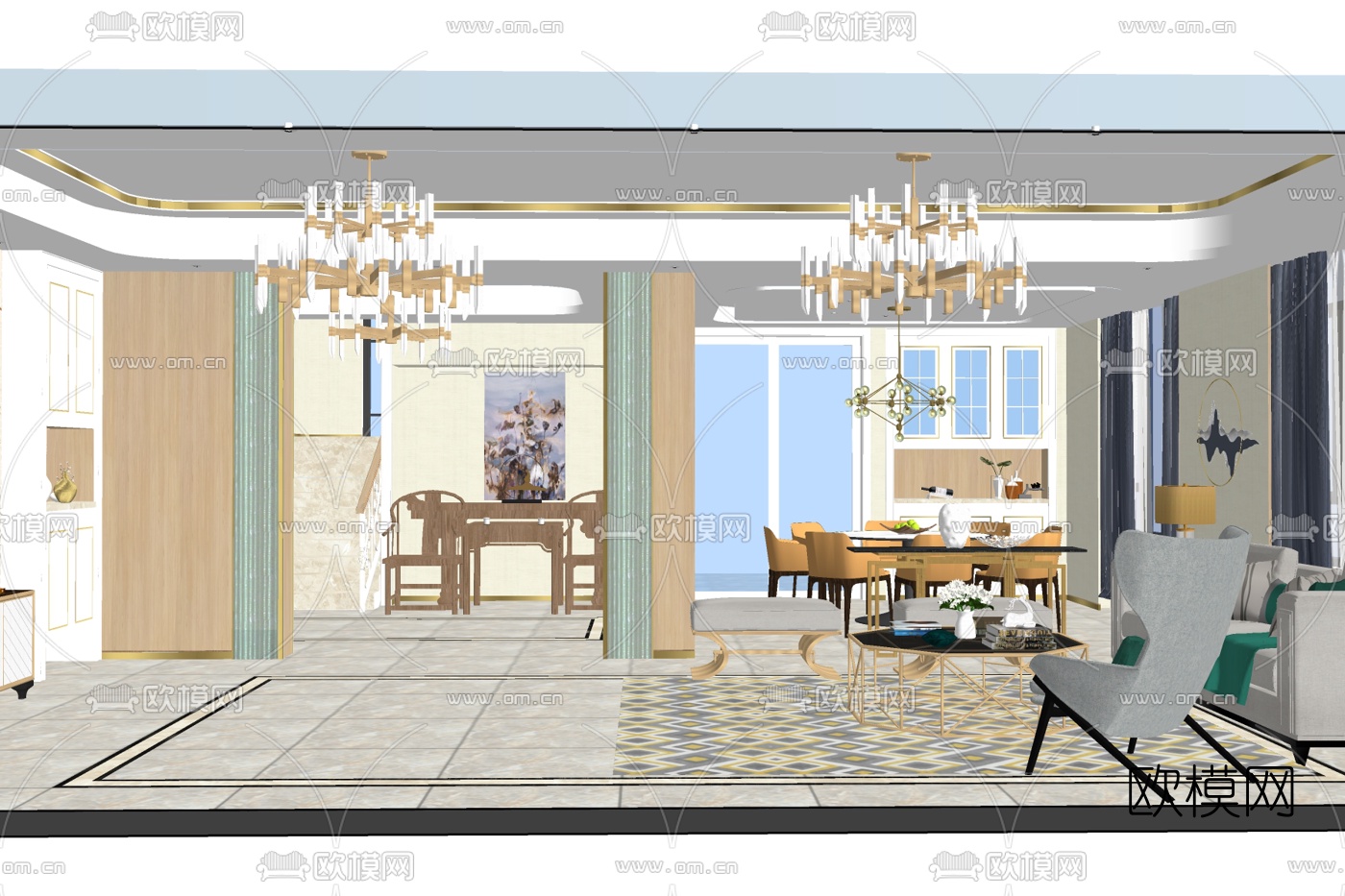 现代客厅免费su模型下载