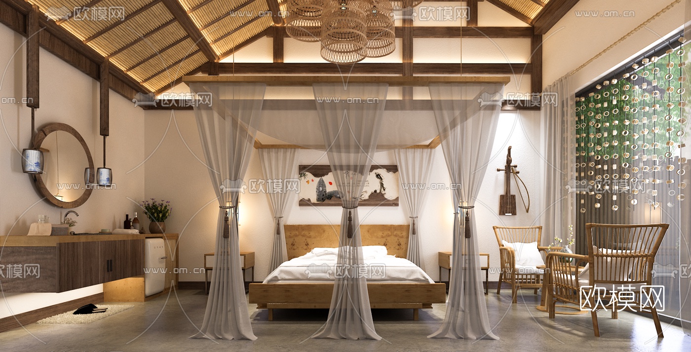 新中式民宿客房su模型下载（渲染图1）