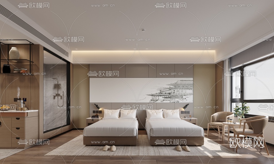 新中式酒店双床客房3d模型下载(渲染图2)