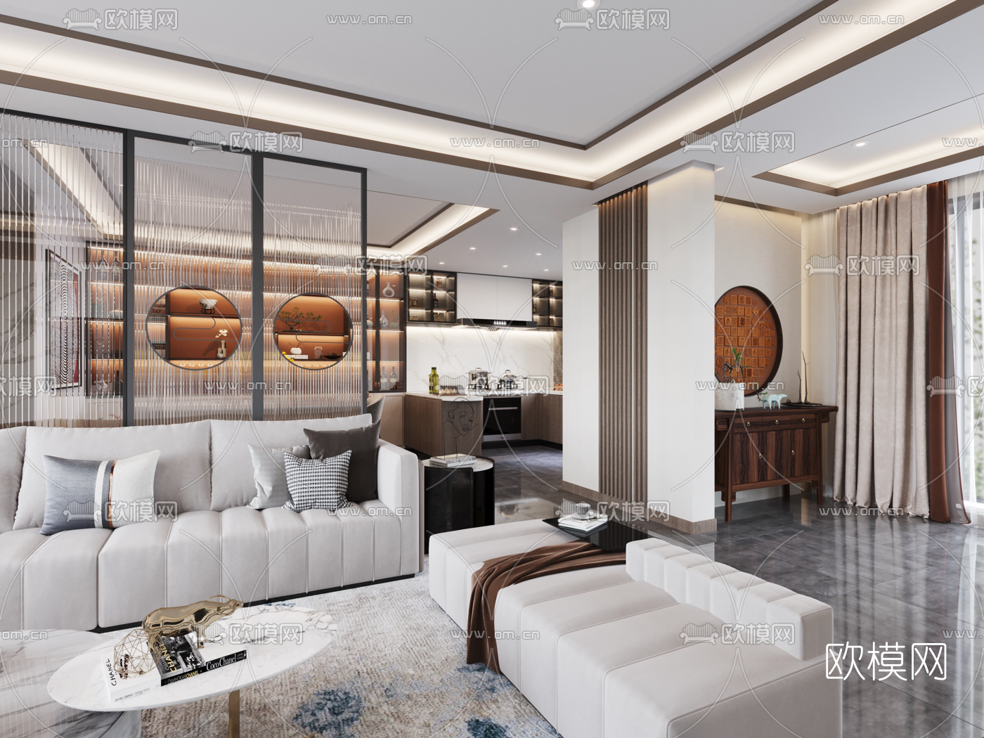 新中式复式轻奢客厅餐厅3d模型