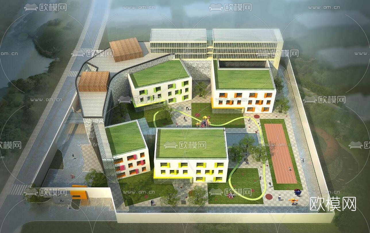 现代幼儿园外观su模型下载（渲染图1）