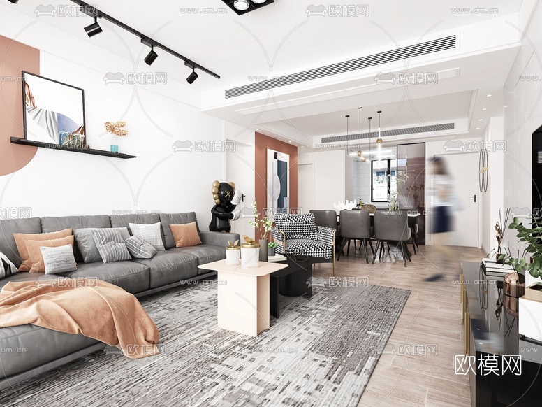 现代轻奢客厅餐厅3d模型下载(渲染图1)