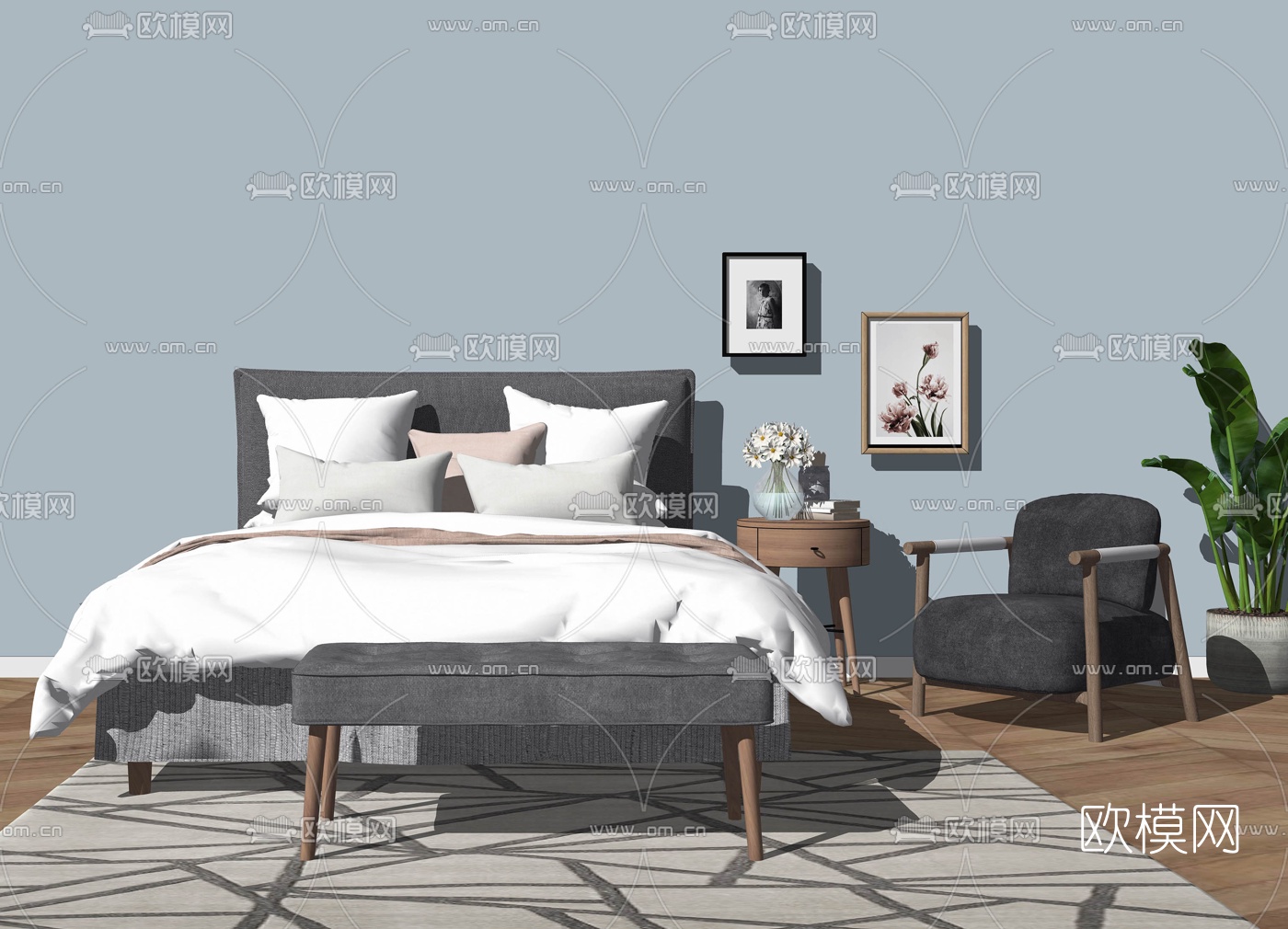 北欧布艺双人床su模型下载