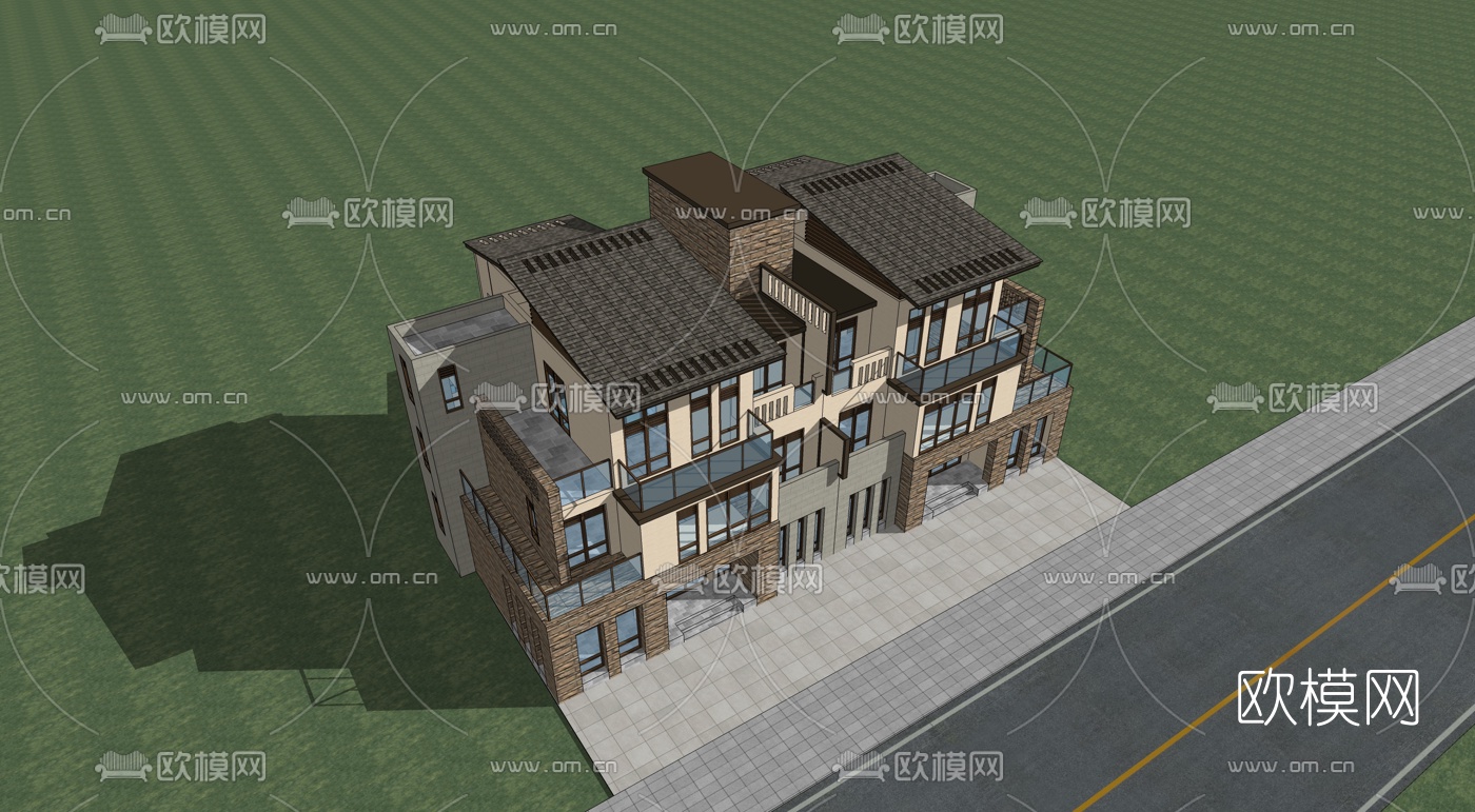 现代独栋别墅su模型下载（渲染图2）