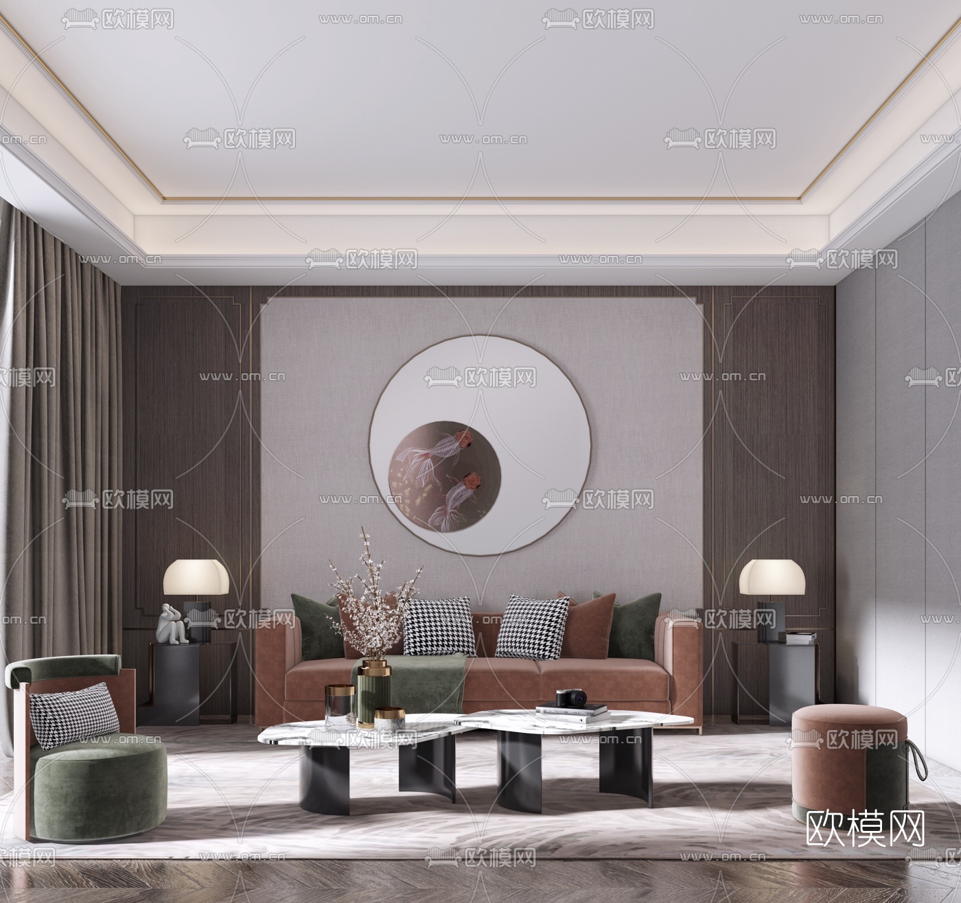 新中式轻奢沙发组合3d模型下载_ID10367265_3dmax免费模型-欧模网