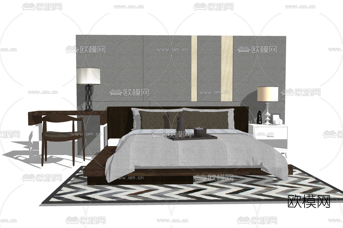现代木质双人床免费su模型下载
