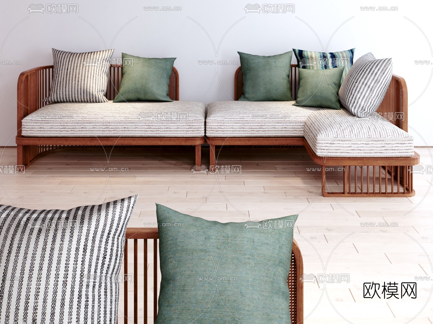 新中式布艺转角沙发su模型下载（渲染图1）