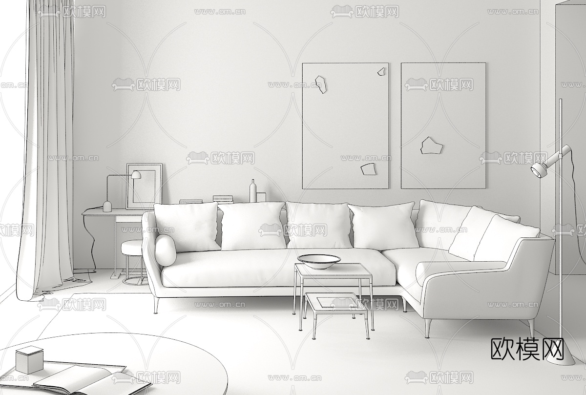 意大利B&BItalia品牌 现代布艺转角沙发茶几3D模型下载（渲染图3）