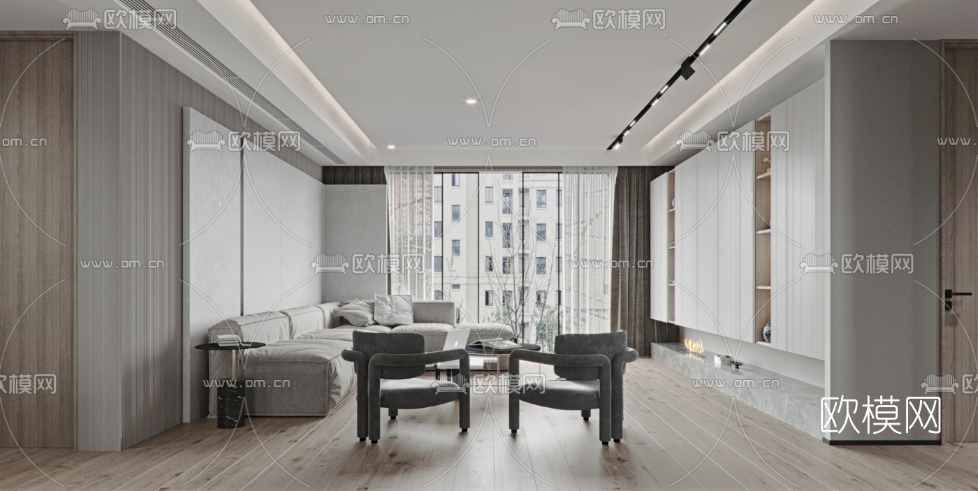 现代高级灰客厅餐厅3d模型
