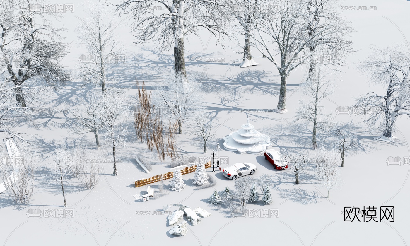 现代小区园林景观雪景3d模型