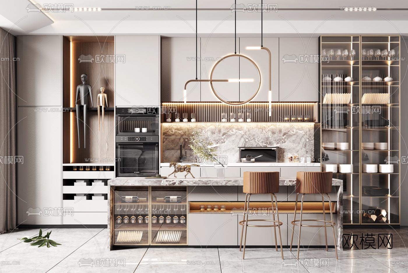 现代轻奢橱柜中岛吧台3d模型下载（渲染图1）