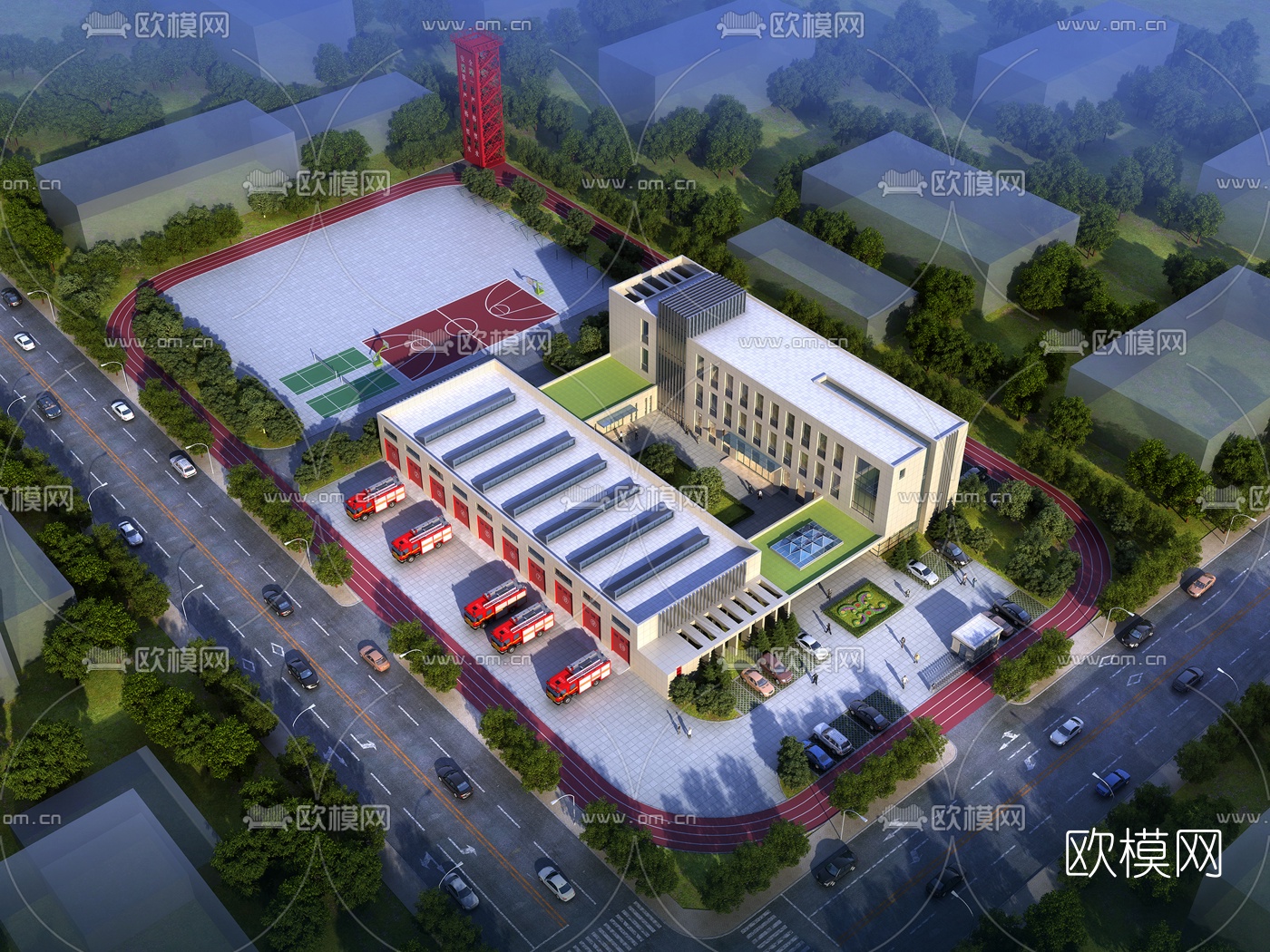 现代消防队消防局鸟瞰3d模型下载