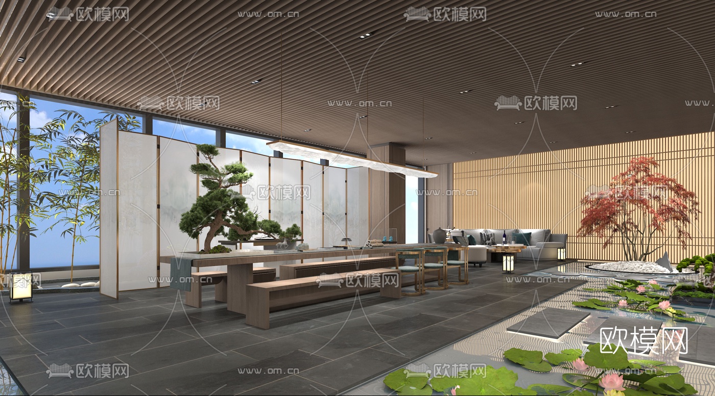 新中式会所休闲茶室3d模型下载（渲染图4）