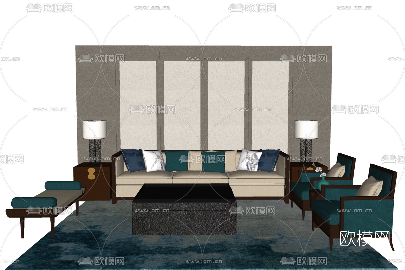 新中式布艺组合沙发su模型下载