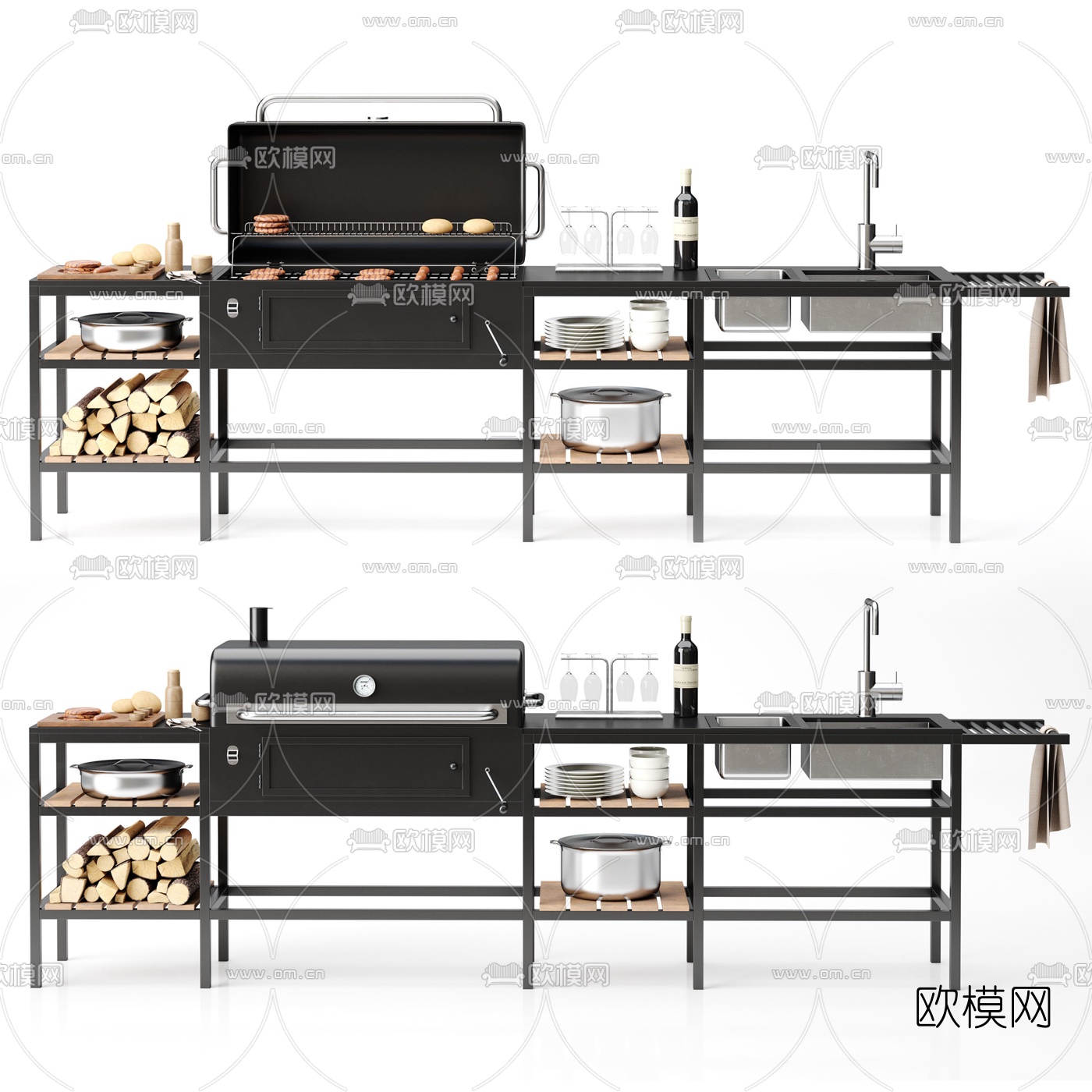 现代烧烤炉操作台3d模型下载（渲染图1）