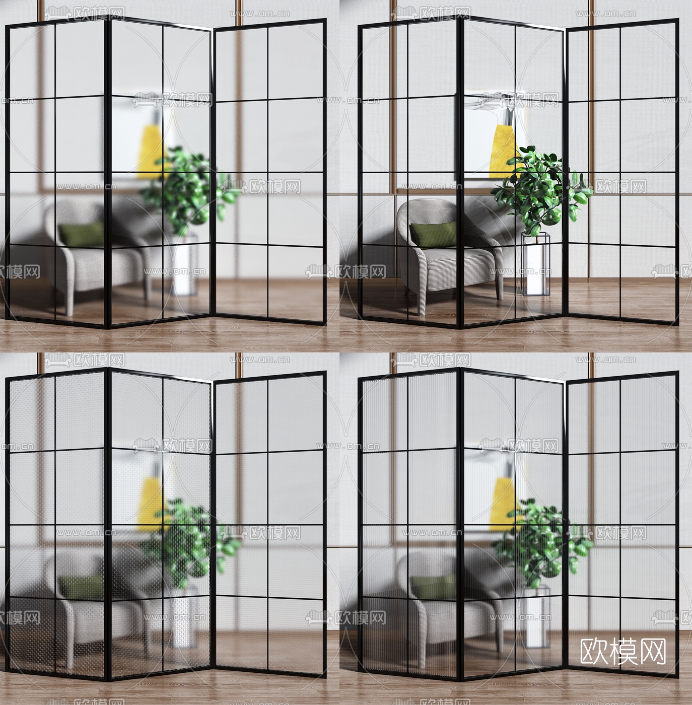现代玻璃屏风隔断3d模型下载（渲染图1）