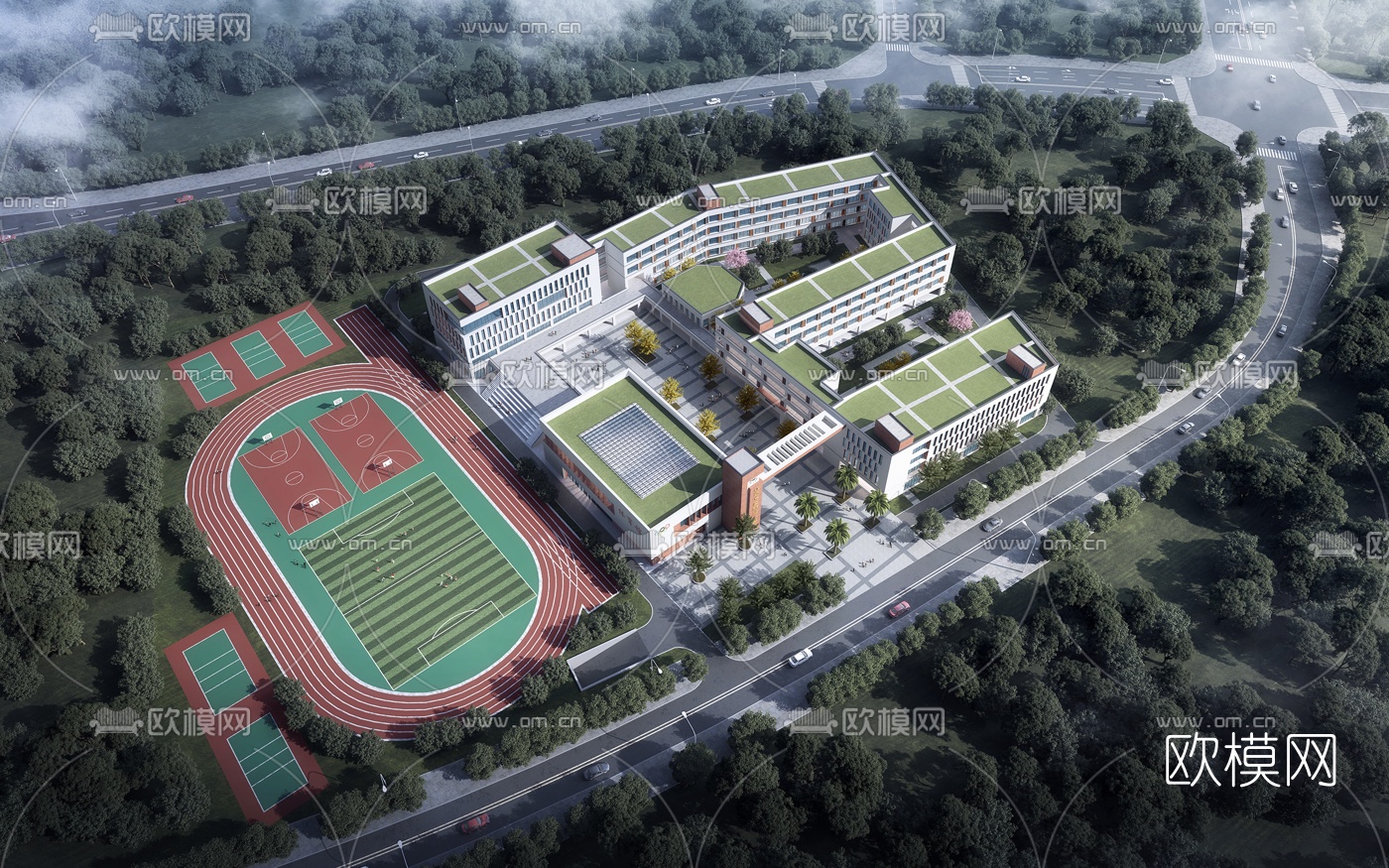 现代学校鸟瞰su模型