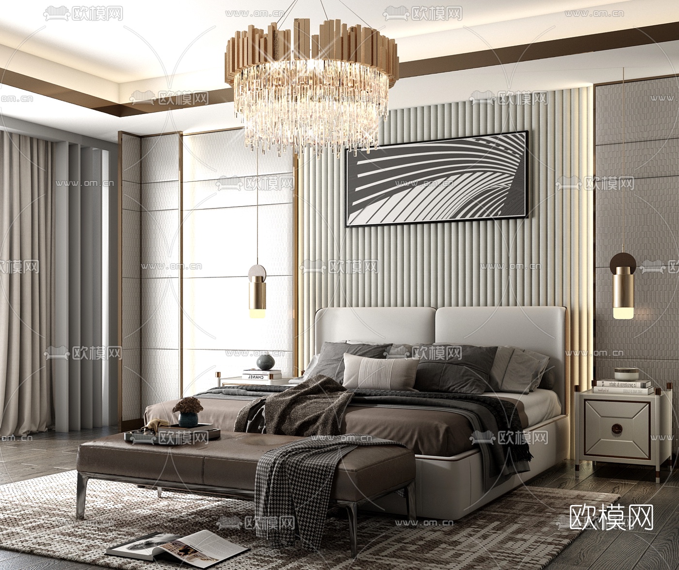 现代轻奢布艺双人床3d模型下载