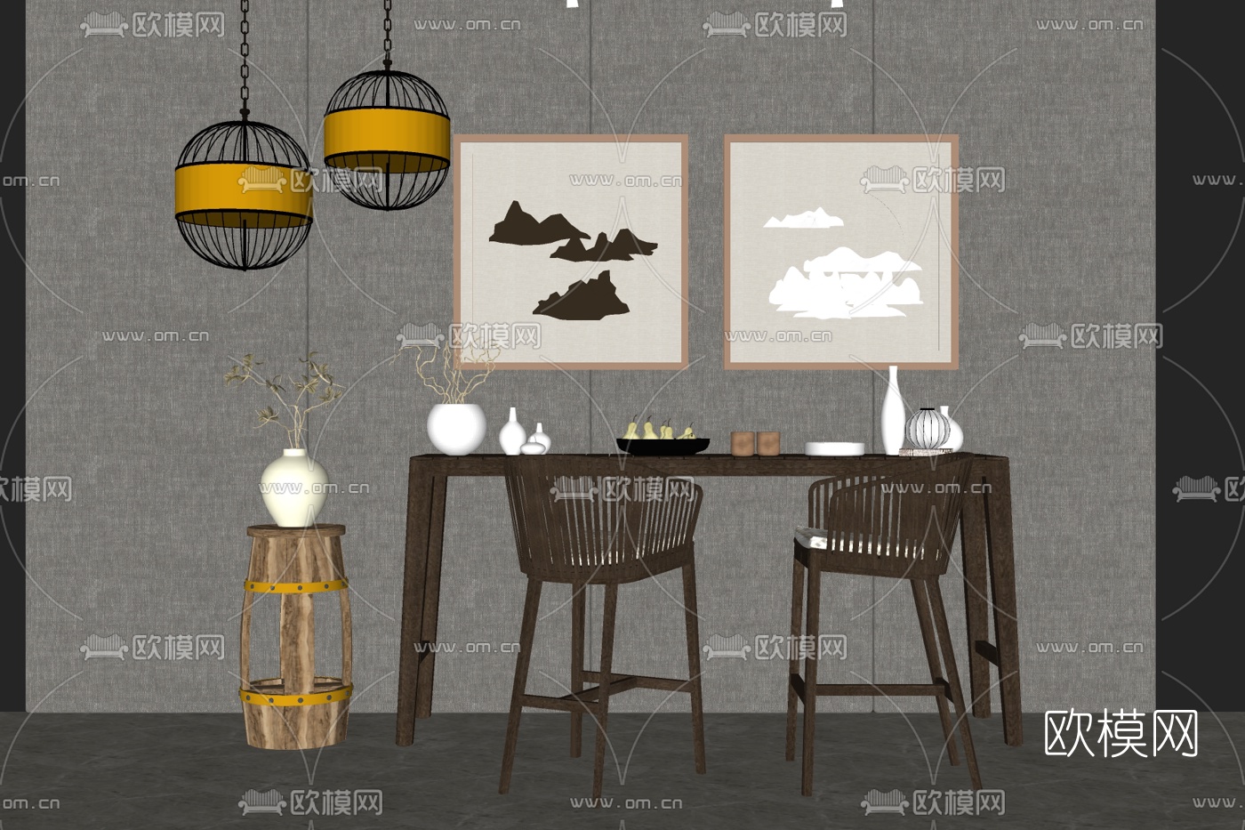 新中式实木吧台su模型下载