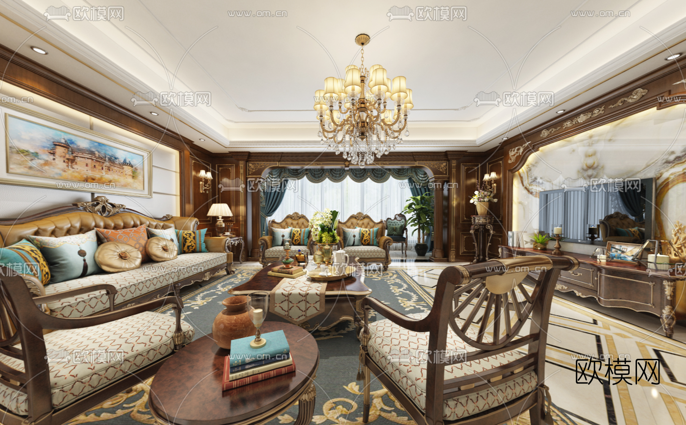 欧式古典客厅餐厅vr全景3d模型